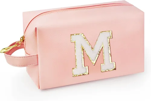 Vista 31 de Bolsa de maquillaje personalizada con inicial con asa, bolsa de cosméticos de preparación con bolsillo interior con cremallera, 8, 9, 10, 11, 12 Rosa