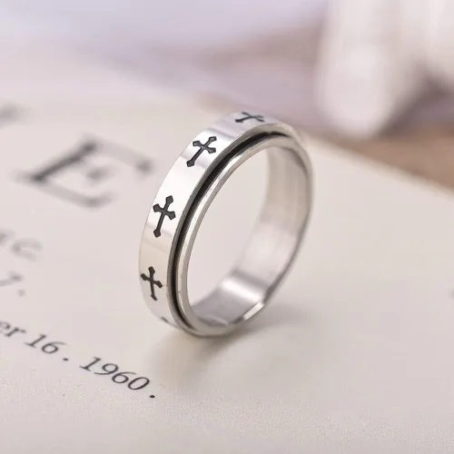 Vista 4 de Anillo giratorio de cruz para mujeres y hombres, alivio de la ansiedad y el estrés, gira libremente, inspiraciones, banda de acero inoxidable