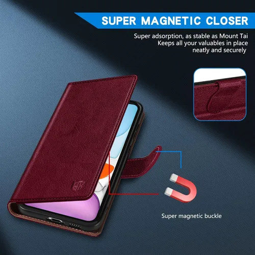 Vista 3 de ZZXX Funda tipo cartera para iPhone 11 con bloqueo RFID, ranura para tarjetas, función atril, cierre magnético, funda protectora de cuero para Rojo