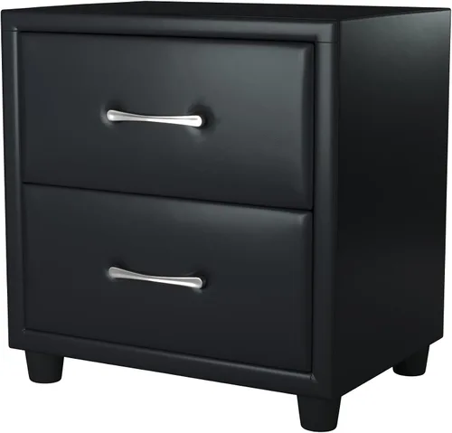 Vista 7 de NewCosmos Cubierta contemporánea de piel sintética negra duradera, 1 mesita de noche de cajones, tiradores de barra de tono plateado, muebles