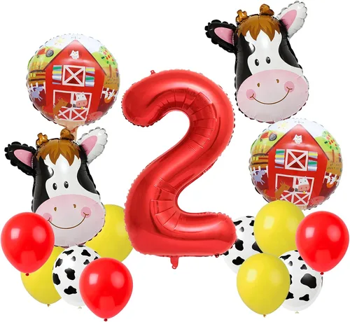 Vista 5 de Globos de vaca para decoración de fiesta de cumpleaños de animales de granja, suministros de globos de granero con globo grande número 1