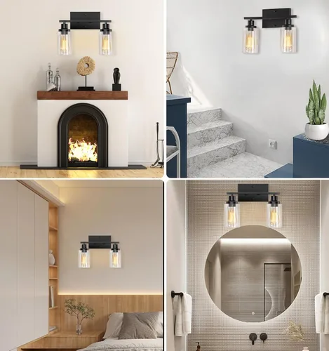 Vista 7 de Lámparas de baño, luces negras de 2 luces, luz de tocador de baño Modern Metal Frame Wall Lamp over Mirror with Clear Glass Shades, Vanity Lights