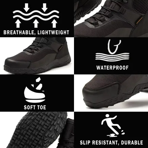 Vista 3 de Botas tácticas para hombres, botas de combate de punta suave de 6 pulgadas, impermeables y antideslizantes, botas de desierto para exteriores