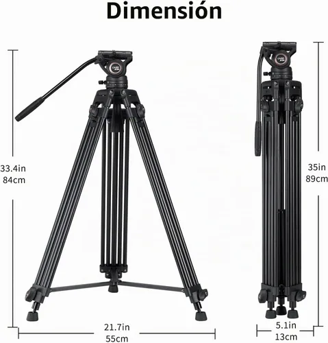 Vista 8 de Sistema de trípode de video Cayer BV30L, trípode de aluminio de doble tubo resistente de 72" con cabezal fluido K3, base plana de 75mm, carga máxima