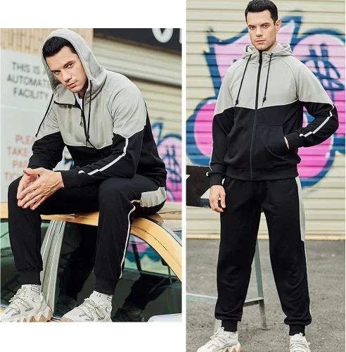 Vista 2 de Chándal deportivo con capucha para hombre, manga larga, con cremallera completa, 2 piezas, de retazos