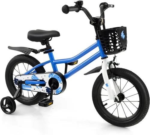 Vista 14 de HONEY JOY Bicicleta para niños, 12, 14, 16, 18, 20 pulgadas, con ruedas de entrenamiento y freno de mano, marco de acero, cadena totalmente cerrada