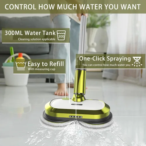 Vista 6 de VMAI Trapeador eléctrico inalámbrico, trapeador eléctrico giratorio con faro LED y rociador de agua, hasta 60 minutos, potente limpiador de suelos