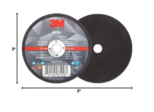 Vista 8 de 3M Rueda de Corte Plateada, 87458, T1, 3 x 0.035 x 3/8 pulgadas, Paquete de 25, Grano de Forma de Precisión, Corte de Tubería, Acero Inoxidable