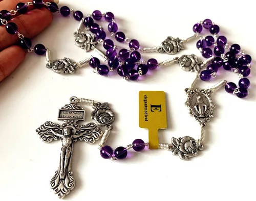 Vista 3 de elegantmedical Collar de cruz de rosario hecho a mano con cuentas de amatista católica, nuestra Señora de Gracia, caja de regalo