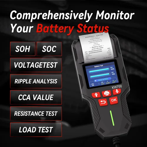 Vista 3 de KONNWEI Probador de batería de coche con impresora, 12 V 24 V Probador de carga de batería automotriz 10-2000CCA, prueba de arranque y carga