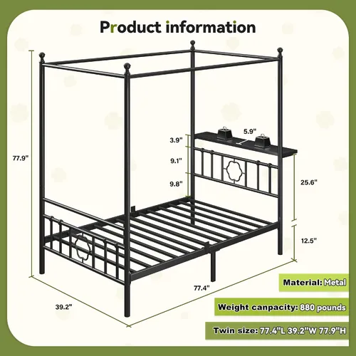 Vista 2 de Homkdom Twin Canopy Bed Frame with Storage Headboard,Noise-Free,Black