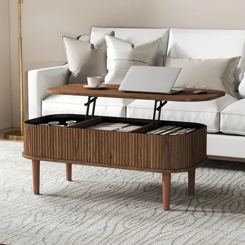 Vista 12 de Mesa de centro acanalada con tapa elevable y almacenamiento oculto, mesa de centro ovalada con tapa elevable, diseño moderno de mediados de siglo