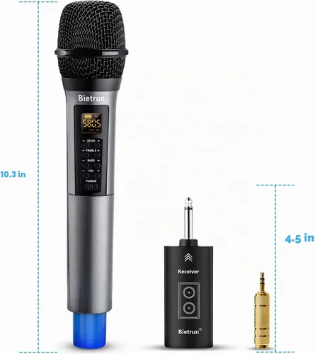 Vista 7 de Micrófono inalámbrico, micrófono de karaoke de mano dinámico de metal UHF, receptor recargable (funciona 6 horas), rango de 160 pies, para karaoke