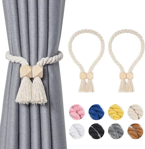 Vista 41 de NICEEC 2 Pack de Alzapaños Magnéticos de Madera en Forma de Cubo Boho para Decoración del Hogar, Alzapaños de Lino Tejidos a Mano para Cortinas Beige