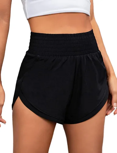 Vista 2 de BMJL Pantalones cortos deportivos de cintura alta para mujer, ligeros, para correr, gimnasio, entrenamiento, con bolsillo trasero