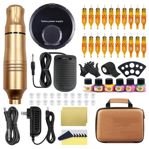 Vista 8 de Rotary Tattoo Pen Kit - Tattoo Machine Set with Adjustable Power Supply, 20 Cartridge Needles, 6 Inks, Foot Pedal, Practice Skins and Storage Case