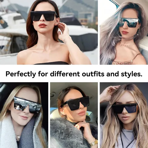 Vista 3 de Dollger - Lentes de sol cuadrados extragrandes para mujer y hombre, de moda, armazón negro con parte superior plana