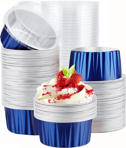 Vista 13 de EUSOAR Moldes desechables de papel de aluminio con tapas, 30 piezas de 5 onzas (4.2 fl oz) de papel de aluminio para magdalenas, tazas para hornear