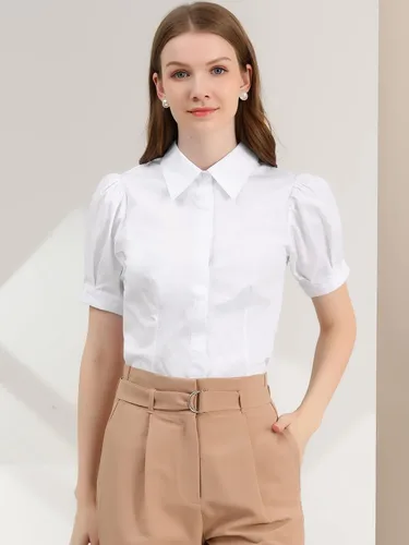 Vista 3 de Allegra K Camisa de manga corta con botones para mujer, con cuello y manga corta