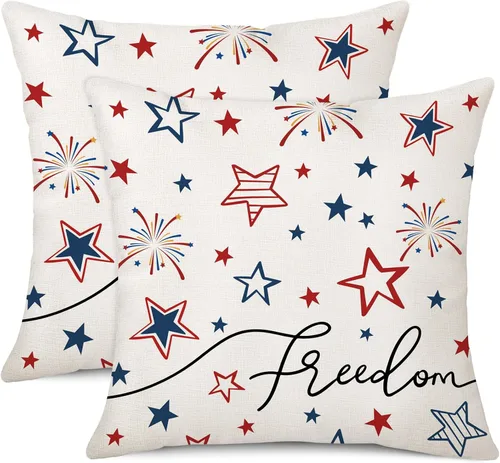 Vista 6 de Juego de 4 fundas de almohada decorativas para el 4 de julio, 18 x 18 pulgadas, juego de 4 fundas de almohada con diseño de estrellas y rayas