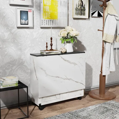 Vista 6 de 3imothrix Mesa de comedor plegable, mesa de comedor con cajón y almacenamiento y estantes, mesa de comedor que ahorra espacio con 6 ruedas, mesa