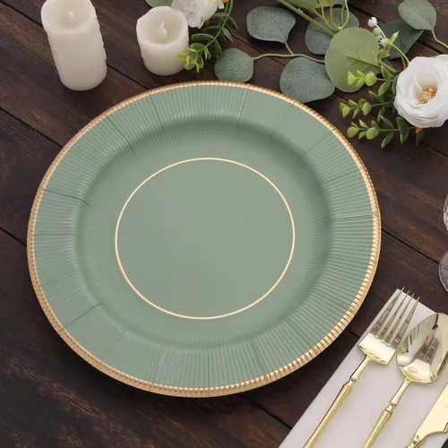 Vista 6 de Efavormart Paquete de 25 Platos Cargadores Desechables Sunray Metallic Sage Green de 13", Bandeja de Servir de Cartón, Redonda - 350 GSM Verde