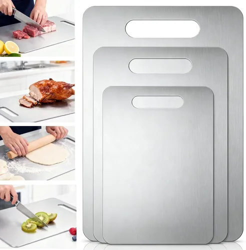 Vista 8 de Juego de 3 tablas de cortar de plástico pequeñas, tablas de cortar frutas compactas con mango de fácil agarre, tablas de cortar flexibles de 3P