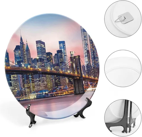 Vista 4 de XISUNYA Plato decorativo de 6 pulgadas, artesanía de cerámica de Nueva York, puente de Brooklyn y el horizonte de Manhattan bajo el amanecer rosa