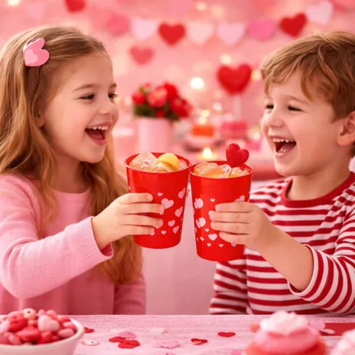 Vista 3 de 4E's Novelty Vasos reutilizables de plástico para el día de San Valentín para niños, 8 onzas, paquete de 12, vasos rojos con corazones, suministros