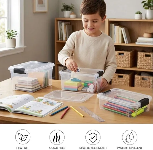 Vista 4 de Superio Mini contenedor de almacenamiento de plástico para crayón, suministros de arte y estuche de costura, organizador pequeño apilable