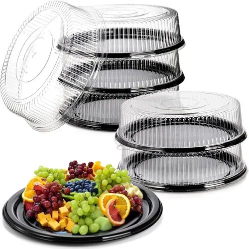 Vista 10 de Frcctre Paquete de 12 bandejas de plástico de 12 pulgadas con tapa, platos desechables de plástico para servir alimentos con tapas de cúpula