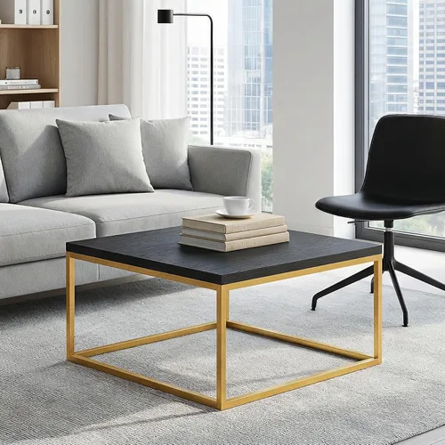 Vista 2 de CENSI Mesa de centro cuadrada de 30 pulgadas, mesa central de sala de estar de roble negro y dorado, estilo moderno estilo glamuroso industrial