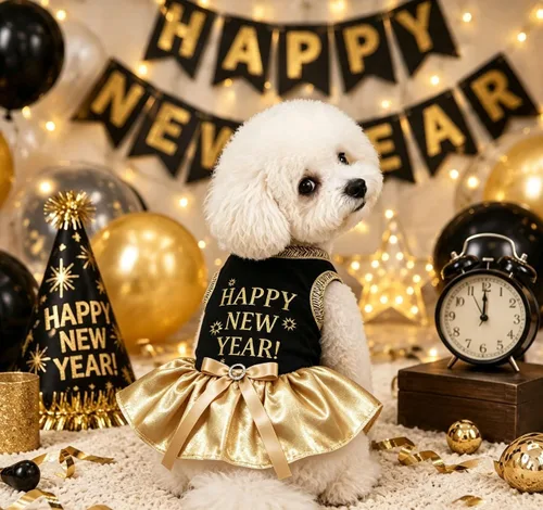 Vista 2 de Petitebella Happy New Year - Vestido para perro cachorro (negro/dorado, talla XS)