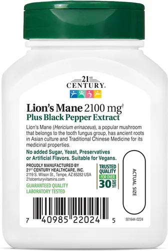 Vista 7 de 21st Century Melena de león 2,100 mg con cápsulas de pimienta negra