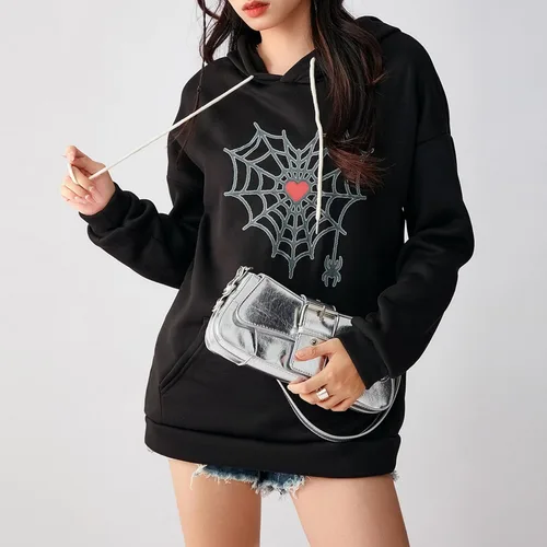 Vista 3 de Yoawdats Abrigo de Halloween para mujer, manga larga, con capucha, bordado, con corazón, suéter casual de Spiderman