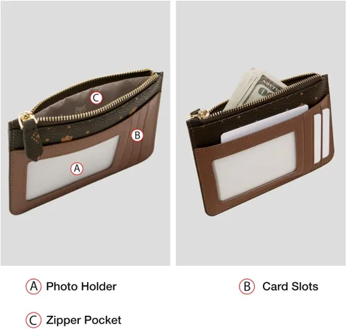 Vista 4 de FOXLOVER Cartera pequeña de cuero de PVC para mujer, con bloqueo RFID, bolsillo compacto con cremallera, cartera delgada con ventana