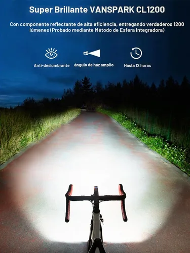 Vista 2 de VANSPARK CL1200 - Luces de bicicleta de 1200 lúmenes, faro de bicicleta con corte de 1200 lúmenes, luces de bicicleta recargables USB-C, cuerpo