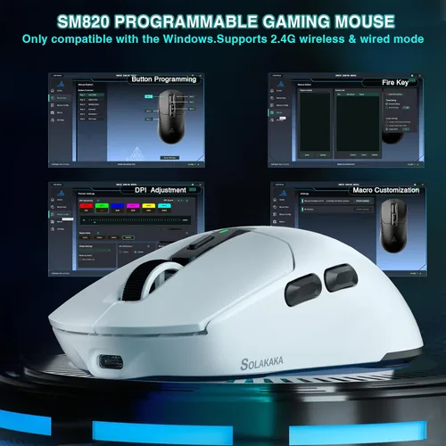 Vista 7 de SOLAKAKA SM820 - Mouse inalámbrico para juegos con base de carga RGB, 24000 DPI Tri-Modos Ratón inalámbrico con 2 botones laterales, mouse macro