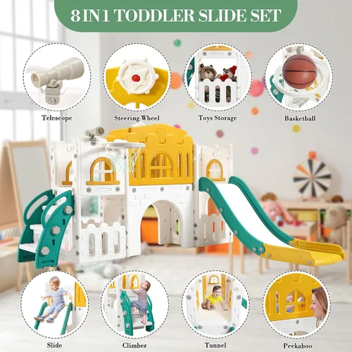 Vista 3 de Juego de toboganes 8 en 1 para niños, centro de actividades para interiores y exteriores, juego de tobogán escalador para niños con aro