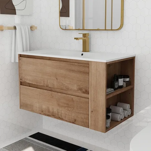 Vista 10 de Juego de tocador de baño de 30 pulgadas con lavabo de gel montado en la pared, moderno juego de tocador de baño con 2 cajones y estante abierto