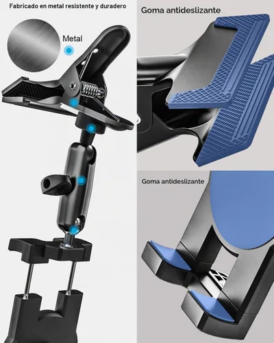 Vista 6 de Soporte para tablet para visera solar de automóvil, brazo mágico de metal, soporte de tableta ajustable de 360° con abrazadera ultra estable