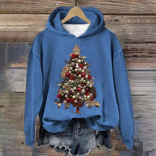 Vista 3 de Sudadera con capucha para mujer, de color sólido, plisado, manga larga, con estampado navideño, sencilla, casual, para otoño e invierno