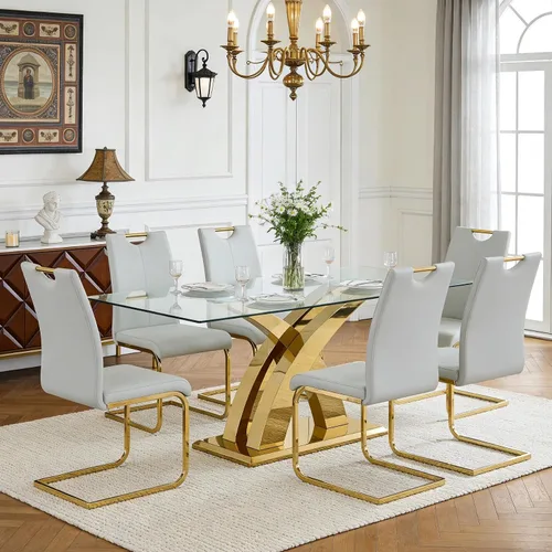 Vista 21 de Juego de mesa de comedor de vidrio de 70 pulgadas para 4, mesa rectangular de cristal dorado con 4 sillas de piel sintética, juego de mesa de Mesa