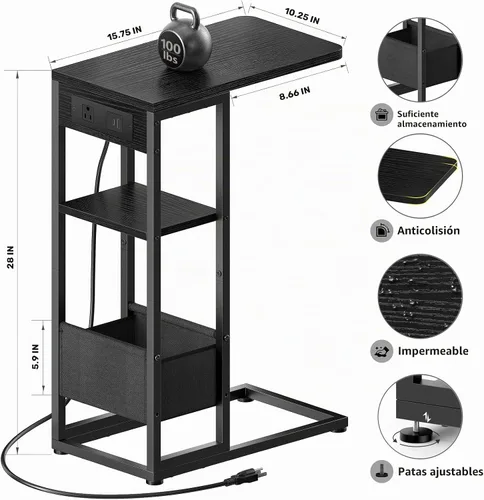 Vista 3 de Mesa auxiliar en forma de C con estación de carga, mesa lateral pequeña para sofá reclinable, mesas de aperitivos deslizables debajo del sofá