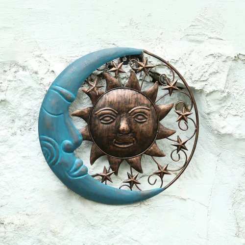 Vista 10 de VCUTEKA Arte de pared de metal con sol de 27 pulgadas, decoración para exteriores, decoración de pared de luna, escultura de pared de metal