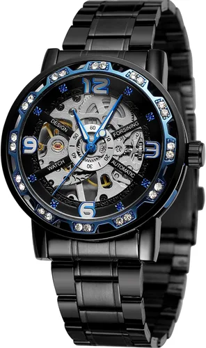 Vista 2 de Reloj de pulsera de esqueleto mecánico masculino de lujo con diseño real de diamantes de moda transparente