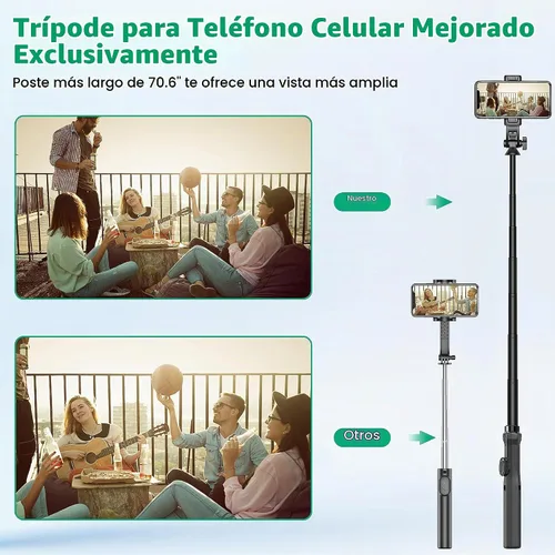 Vista 2 de Soporte de teléfono de 70.6 pulgadas y trípode para selfies, soporte de celular extensible con control remoto y soporte para teléfono