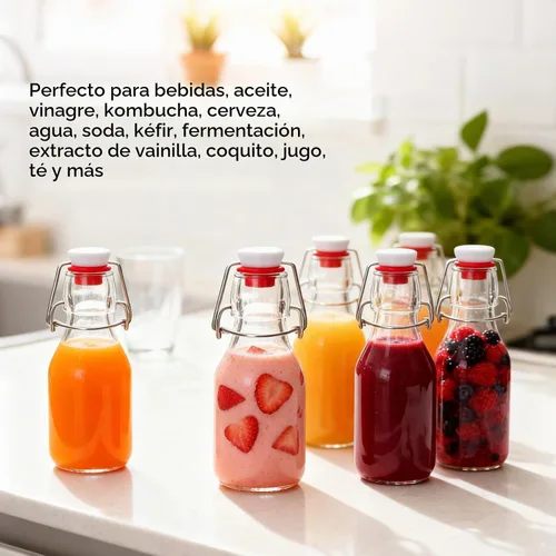 Vista 5 de Paquete de 12 botellas de vidrio con tapa abatible de 4 onzas con tapas herméticas, botellas de vidrio con tapa abatible para elaboración casera