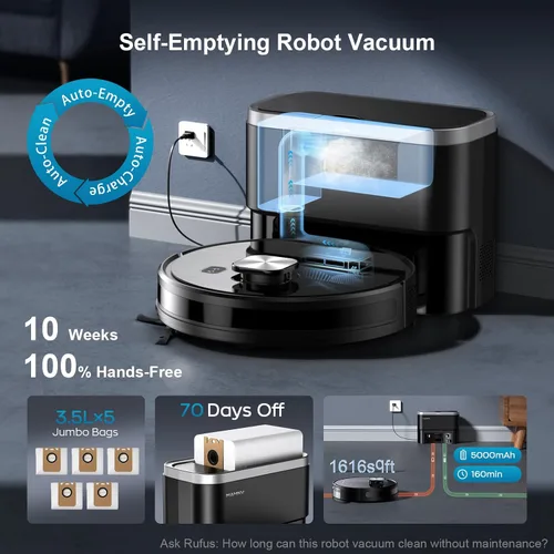 Vista 6 de Robot aspiradora y trapeador, succión de 11500 Pa, aspiradora robótica 3 en 1 con navegación inteligente LiDAR, 90 días de autovaciado, 160 minutos
