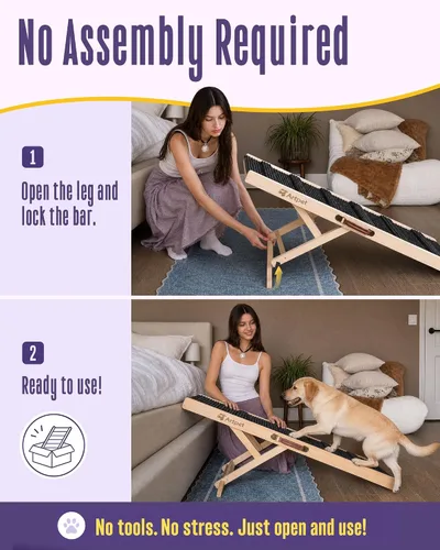 Vista 6 de Dog Ramp for Bed, Adjustable Pine Wood Ramp for Small & Medium Dogs